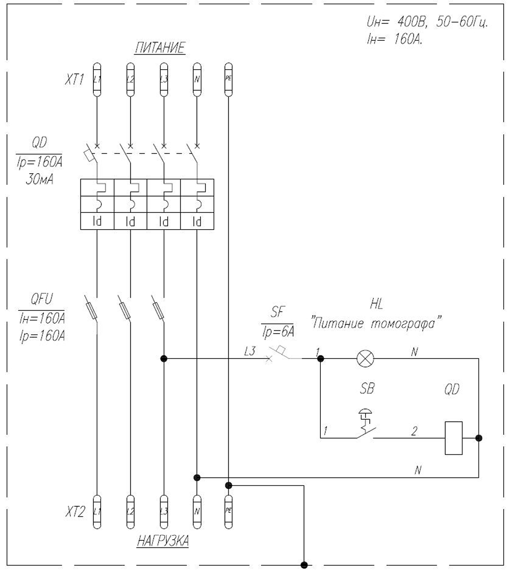Щит рубильника томографа 160 А (электрическая схема)