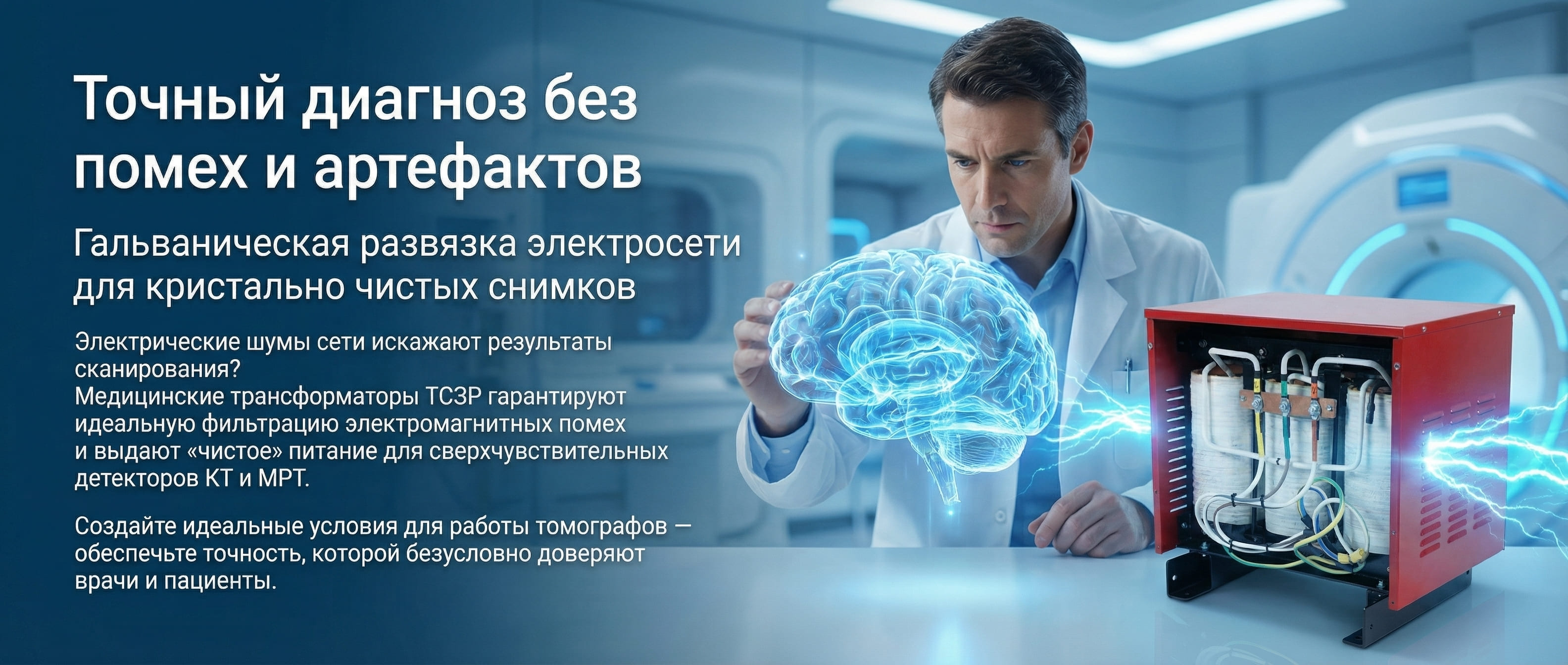 Купить медицинский разделительный трансформатор для обеспечения гальванической развязки томографов (МРТ, КТ) и ангиографов